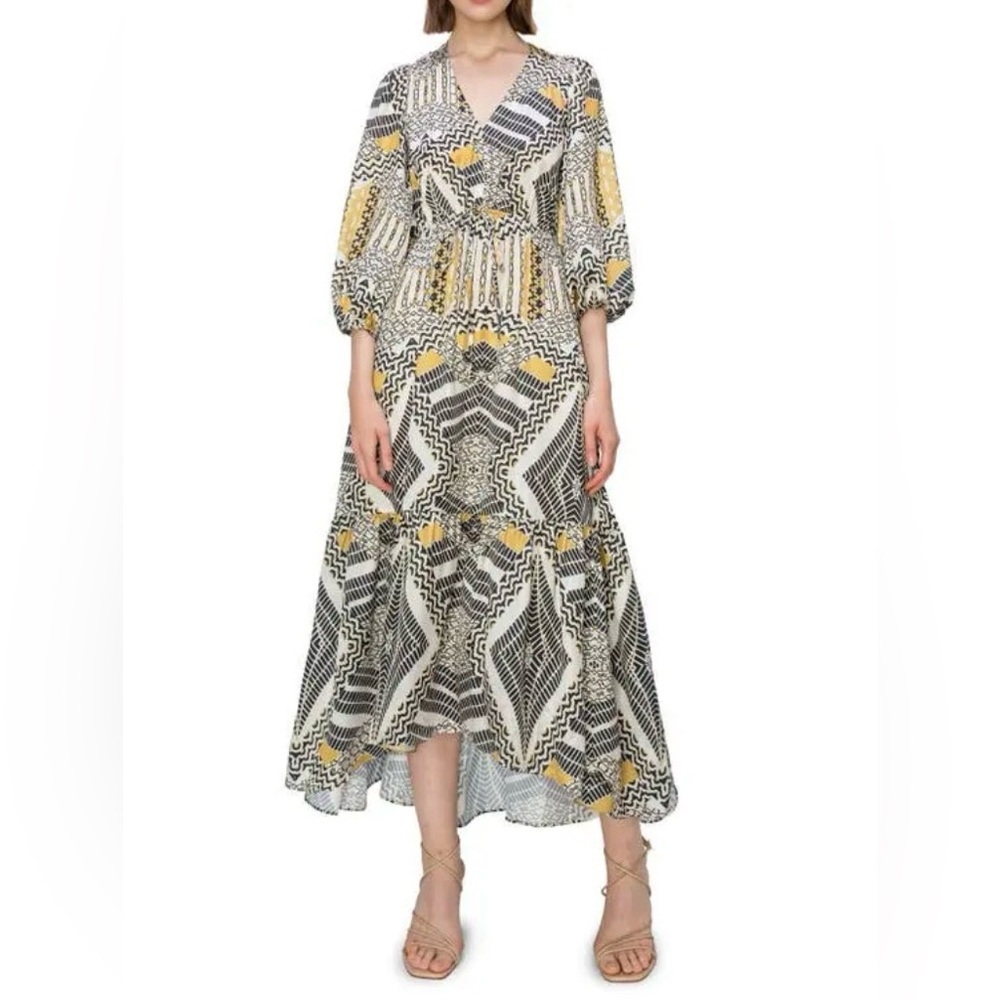 Melloday Print Tie Back Tiered Midi Dress Size S Boho Long Sleeve - Picture 2 of 8